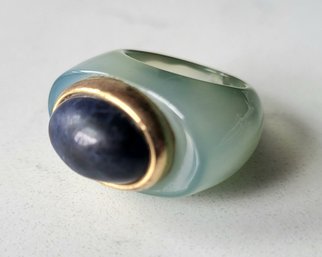 VINTAGE SIGNED 'RF' FRANCESCA ROMANA SIGNET RING ---SIZE 5- Lapis, Goldtone And Jade!