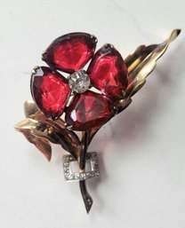 VINTAGE MARKED SERLING STUNNING RED FLOWER BROOCH WITH RHINESTONES