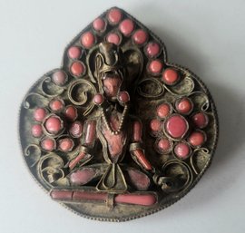 VINTAGE BUDDHIST GODDESS BRASS BROOCH WITH CORAL