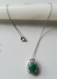 VINTAGE MARKED STERLING SILVER GREEN STONE PENDANT NECKLACE WITH RHINESTONES---16'L