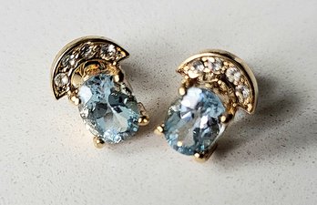 VINTAGE BLUE TOPAZ COLOR STONES- PIERCED EARRINGS WITH RHINESTONES