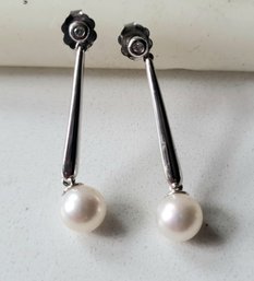 VINTAGE MARKED 14K ADPG  DROP PIERCED EARRINGS WITH PEARLS