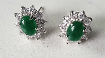 VINTAGE SILVERTONE PIERCED EARRINGS WITH GREEN STONE