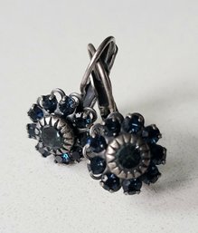 VINTAGE MARKED 14K 'LIZ PALACIOS' BLUE RHINESTONE FLOWER LEVERBACK EARRINGS