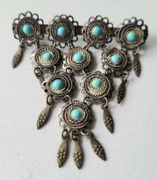 VINTAGE MARKED 925 ISRAEL DANGLING BROOCH WITH TURQUOISE