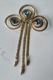 VINTAGE GOLDTONE DANGLE BROOCH WITH THREE BLUE-GREEN STONES