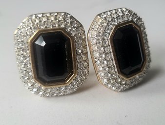 VINTAGE SIGNED 'S.A.L' GOLDTONE PIERCED EARRINGS WITH BLACK STONE & RHINESTONES