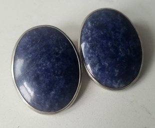 VINTAGE SILVERTONE CLIP ON EARRINGS WITH LAPIS LAZULI