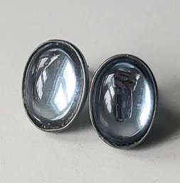 VINTAGE SILVERTONE CLIP ON EARRINGS WITH PALE BLUE STONE