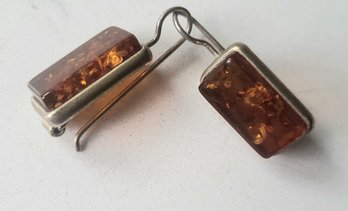 VINTAGE SILVERTONE AMBER COLOR STONE PIERCED EARRINGS