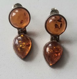 VINTAGE STERLING SILVER MARKED 925 AMBER DROP PIERCED EARRINGS