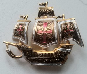 VINTAGE GOLDTONE SHIP BROOCH--MADE IN SPAIN