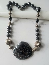 VINTAGE BLACK BEADED FISH DESIGN PENDANT NECKLACE