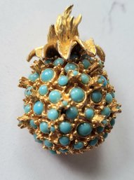 VINTAGE SIGNED 'JEANNE' GOLDTONE PINEAPPLE BROOCH WITH FAUX TURQUOISE