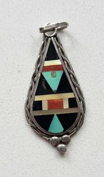 VINTAGE NATIVE AMERICAN MARKED 800 MULTI STONE INLAY SILVER PENDANT