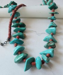 VINTAGE TURQUOISE & CORAL BEADED NECKLACE---20'L