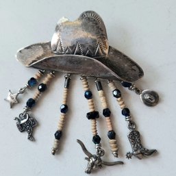 VINTAGE STERLING SILVER COWBOY HAT BROOCH WITH FIVE CHARMS-SOUTHWEST STYLE BROOCH!