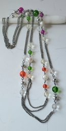 VINTAGE SILVERTONE NECKLACE WITH TRANSPARENT COLORED ORBS---APPROX 40'L