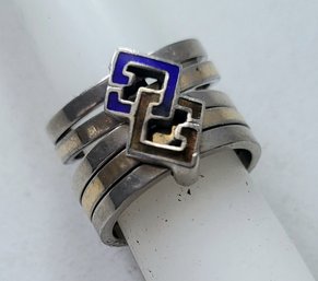 VINTAGE 'GUCCI' STERLING SILVER MARKED 925 ITALY 1925 FIVE BAND RING WITH ENAMEL 'G'S' IN BLUE & BROWN