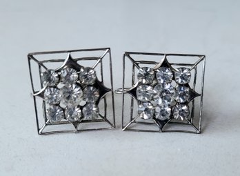 VINTAGE MARKED 'DARIUS, NY' SCREW BACK SILVERTONE EARRINGS WITH RHINESTONES