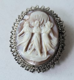 VINTAGE STERLING SILVER MARKED 925 CAMEO STYLE PENDANT/BROOCH-THREE YOUNG MAIDENS!