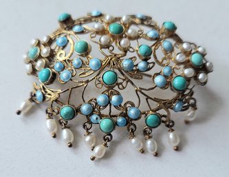 VINTAGE STERLING SILVER MARKED 925 BROOCH WITH TURQUOISE & PEARLS-TREE OF LIFE!