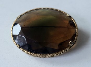 VINTAGE GOLDTONE   Faceted   SMOKY QUARTZ Oval Shape Large  BROOCH