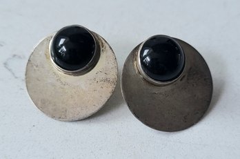 VINTAGE SILVER PIERCED EARRINGS WITH BLACK STONE