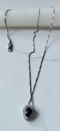 VINTAGE STERLING SILVER MARKED 925 KA1772 HEART PENDANT WITH BLUE STONE & RHINESTONES NECKLACE--18'L