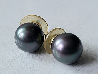 VINTAGE SILVERTONE BLACK PEARL PIERCED EARRINGS