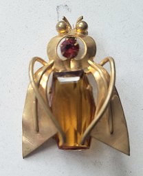 VINTAGE GOLDTONE BEETLE BROOCH WITH RED & YELLOW STONES