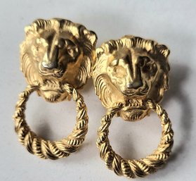 VINTAGE GOLDTONE LION HEAD DOOR KNOCKER PIERCED EARRINGS