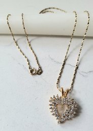 VINTAGE MARKED 14KGF SILGO RHINESTONE HEART PENDANT NECKLACE---18'L