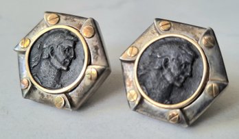 ANTIQUE SIGNED  ' STERLING 'SILVER ROMAN EMPIRE COIN PIERCED EARRINGS-GOLDEN STAR W/ MAKERS MARK