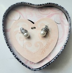 'BRIGHTON' SILVERTONE & FAUX PEARL PIERCED EARRINGS WITH ORIGINAL TIN