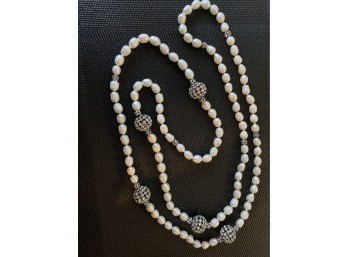 Vintage Faux Pearl & Rhinestone Long Necklace