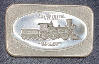 Rare 1 Oz .999 Fine Silver Bar, The General 1862-1972, Comes In Plastic Bar Sleeve, Train Engine, Locomotive