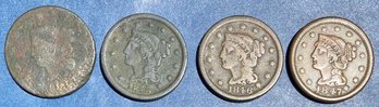 4 Pennies Braided Hair Liberty Head: 1845 Penny, 1847 Penny F12, 1846 Penny G4 And One Considerably Worn Penny