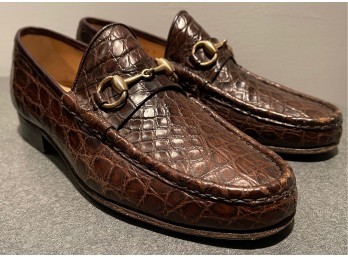 Gucci Brown Leather Crocodile Style Shoes Mens Size 9 D