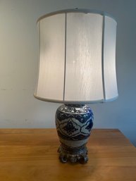 Antique Asian Blue And White Lamps With Custom Base-Custom Shade 2  Of 2