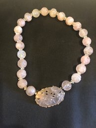 VINTAGE 14K YELLOW GOLD CHINESE CARVED ROSE QUARTZ BEADED NECKLACE