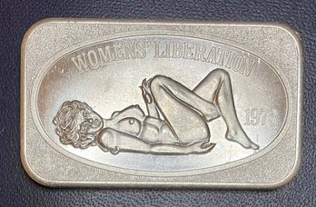 1973 1oz  Womens Liberation .999 Fine Silver Art Bar United States Silver Corporation, In Plastic Bar Sleeve