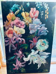 Vintage Original Oil Painting ' Isabel Gamerov' LISTED ARTIST-'FLORAL ON BLACK'