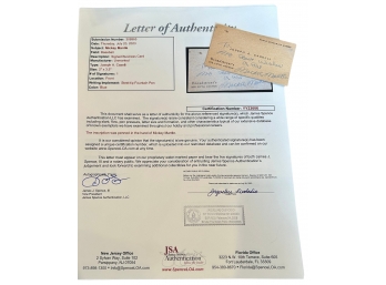 Early 1950''s Authentic 'Mickey Mantle' Autographed  Business Card-JSA-COA-NEW YORK YANKEES HOF