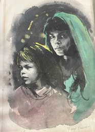 VINTAGE WATERCOLOR PRINT OF MOTHER & DAUGHTER, SIGNED