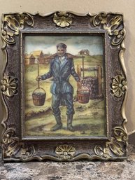 VINTAGE SIGNED FRAMED RESIN - MAN HOLDING WATER BY WELL