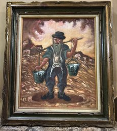 VINTAGE OIL ON CANVAS - MAN HOLDING WATER BUCKETS