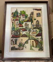 VINTAGE PRINT HEBREW TOWN, MOTHER & CHILD IN WINDOW, SIGNED & NUMBERED