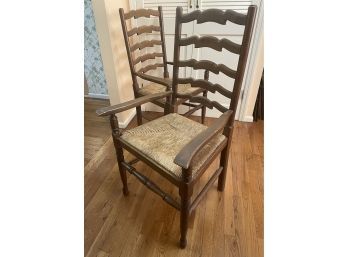 Vintage Matched Pair Of Traditional   Ladder -Back Walnut Armchairs W Rush Seats