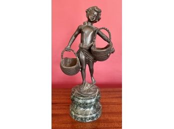 Vintage   French Signed 'Suzanne Buzzard 'Cast Bronze Girl Figurine On Marble Base.